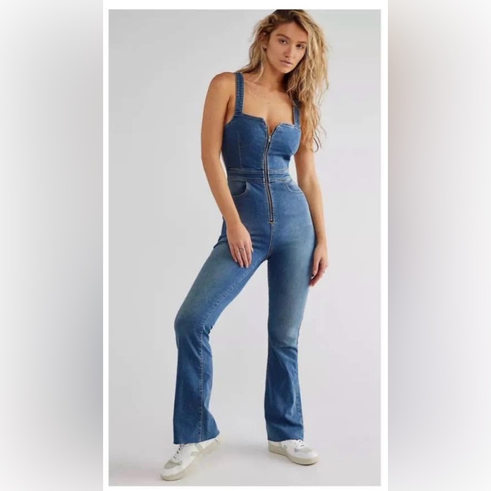 Free People Women's CRVY 2nd Ave One Piece Denim Jumpsuit Size 14